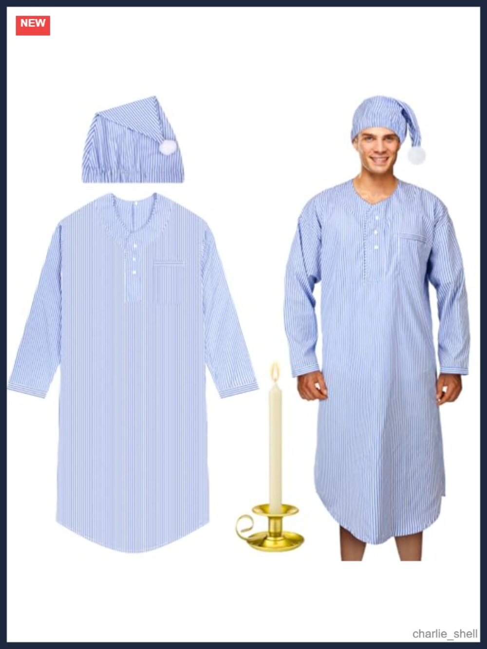 Men's Nightgown Cap Pajama Set with Candleholder Gold Metal Stripe Vintage